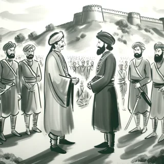AI generated image: Instead of facing Afzal Khan directly in open battle, Shivaji Maharaj used his intelligence and strategy. He invited Afzal Khan for a peace meeting at the foothills of Pratapgad Fort, where both leaders would meet with only a few bodyguards.