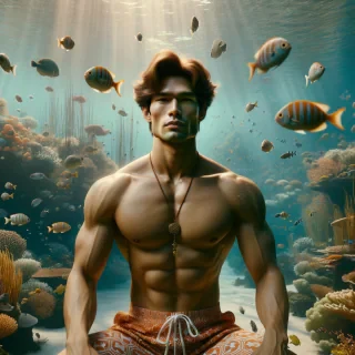 AI generated image: A photo-realistic shoot from a front camera angle about a muscular, shirtless man sitting in an underwater environment surrounded by colorful fish and coral. the image also shows sunlight filtering through the water, creating a serene atmosphere. on the middle of the image, a muscular man, who appears to be in his mid-twenties, with short, wavy brown hair and a serious expression, is sitting with his legs spread apart, wearing only an orange and white patterned swimsuit. he has a slim physique, with a few visible abs, and is looking directly at the camera with a neutral expression. he is wearing a gold necklace around his neck. the background features a vibrant coral reef with small yellow fish swimming around him.
