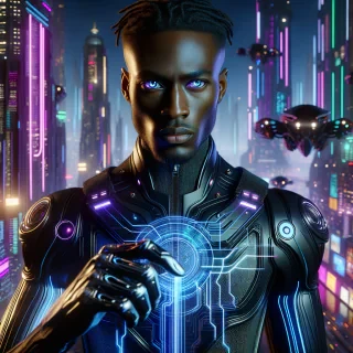 AI generated image: A 30-year-old African man with short dreadlocks and sharp features stands in a neon-lit cybercity, wearing a sleek black-and-silver exo-suit with glowing circuitry patterns. His eyes reflect holographic data streams as he gestures toward a floating AI interface. The background is a blend of towering skyscrapers and drones, with a deep purple-and-blue color palette. Hyper-realistic, cinematic lighting, cyberpunk style