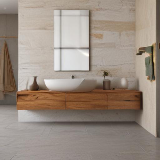 un estilo interiorista con tonos neutros, materiales neutros, pared de piedra,moderno con mobiliario de madera, realista, 4k, render