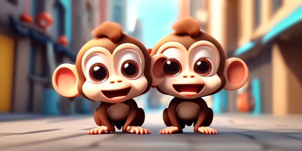 three cute surprised monkeys in a large city, 3d chibi cartoon style