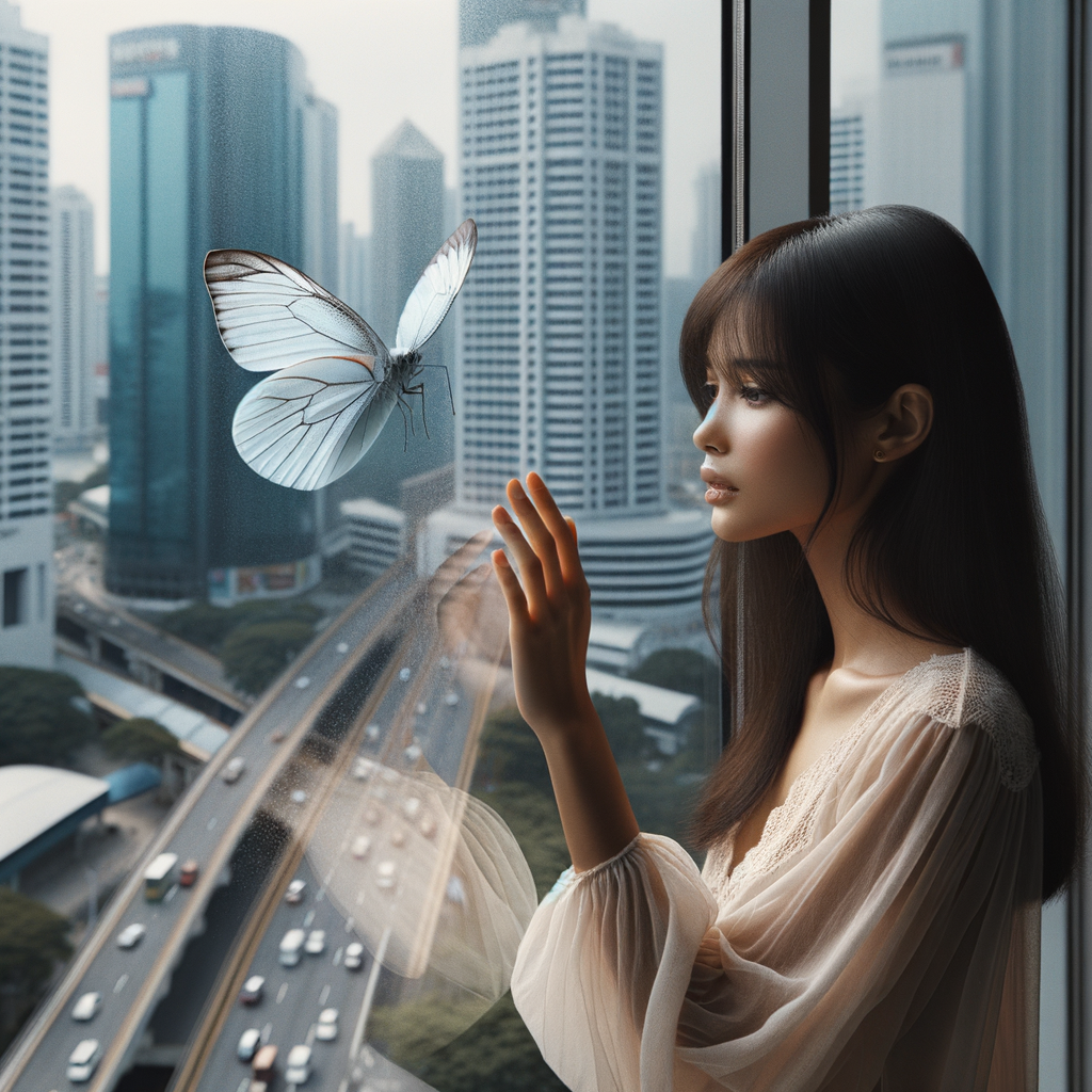 A one white butterfly flying near a glass window. A city showing outside of the window . A young woman is beside the window and she lovingly looking at it. Her face is cover with her dark brown straight  hair