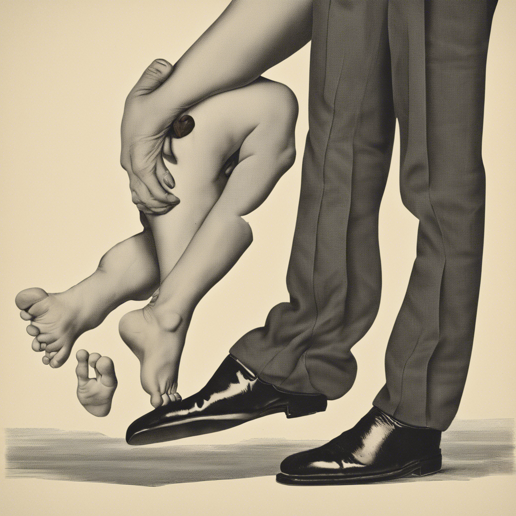 A tiny man  being squished beneath a woman's foot
