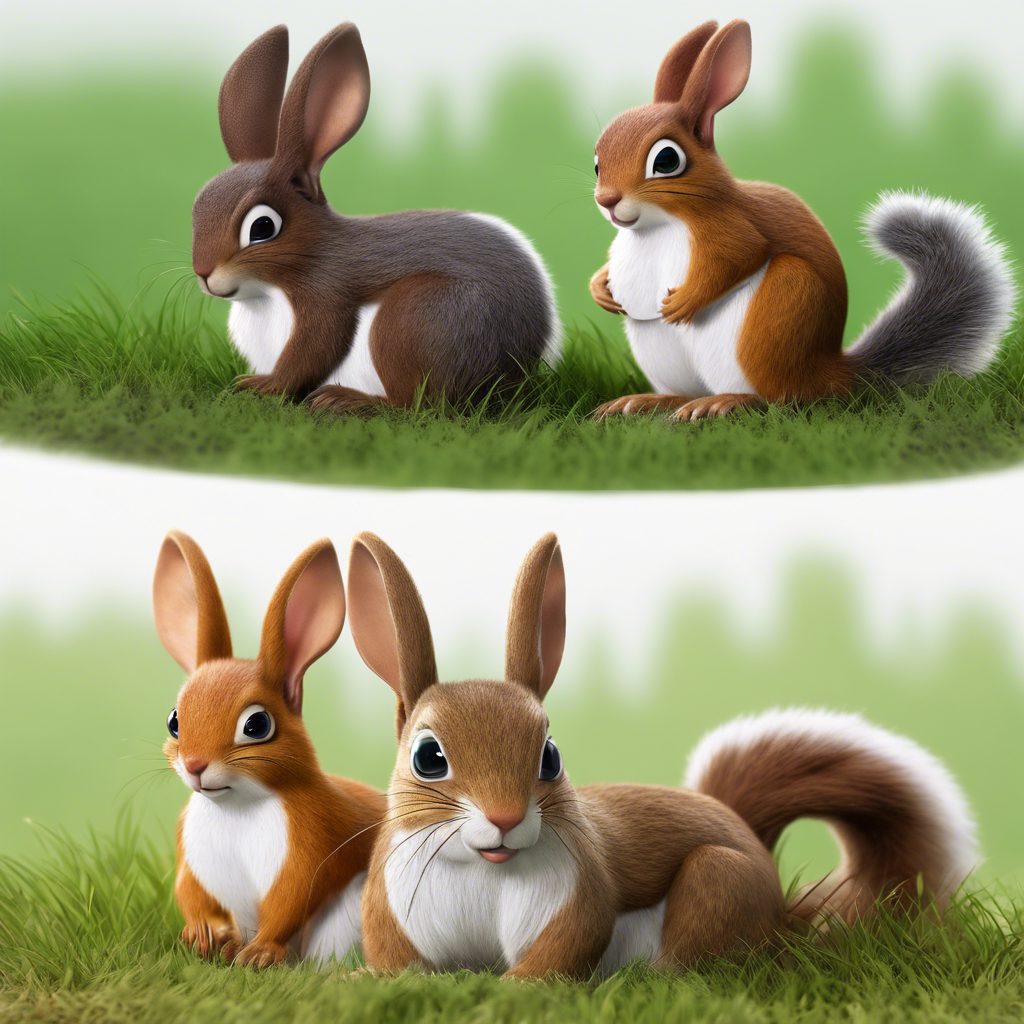 Two images of a cute, small forest animal, like a squirrel or rabbit, sitting on a patch of grass. The animal has soft fur, expressive eyes, and small details like whiskers and claws. For a spot-the-difference challenge, include small variations such as one ear slightly shorter, a tiny patch of fur with a different shade, an extra blade of grass nearby, or a missing whisker. The background is a soft forest scene, slightly blurred, to emphasize the animal’s details."