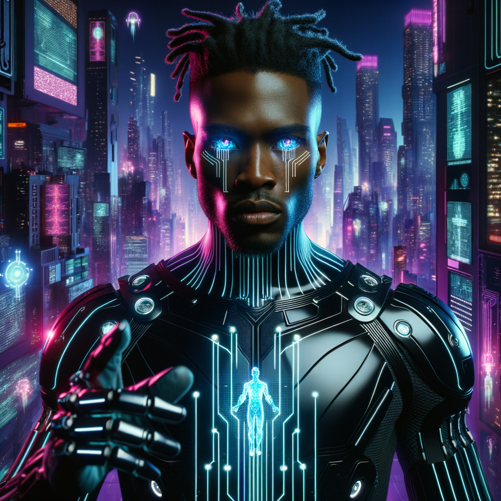 A 30-year-old African man with short dreadlocks and sharp features stands in a neon-lit cybercity, wearing a sleek black-and-silver exo-suit with glowing circuitry patterns. His eyes reflect holographic data streams as he gestures toward a floating AI interface. The background is a blend of towering skyscrapers and drones, with a deep purple-and-blue color palette. Hyper-realistic, cinematic lighting, cyberpunk style
