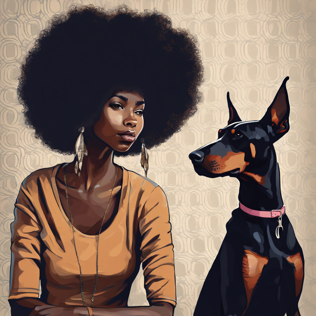 Black girl with a fro and a Doberman